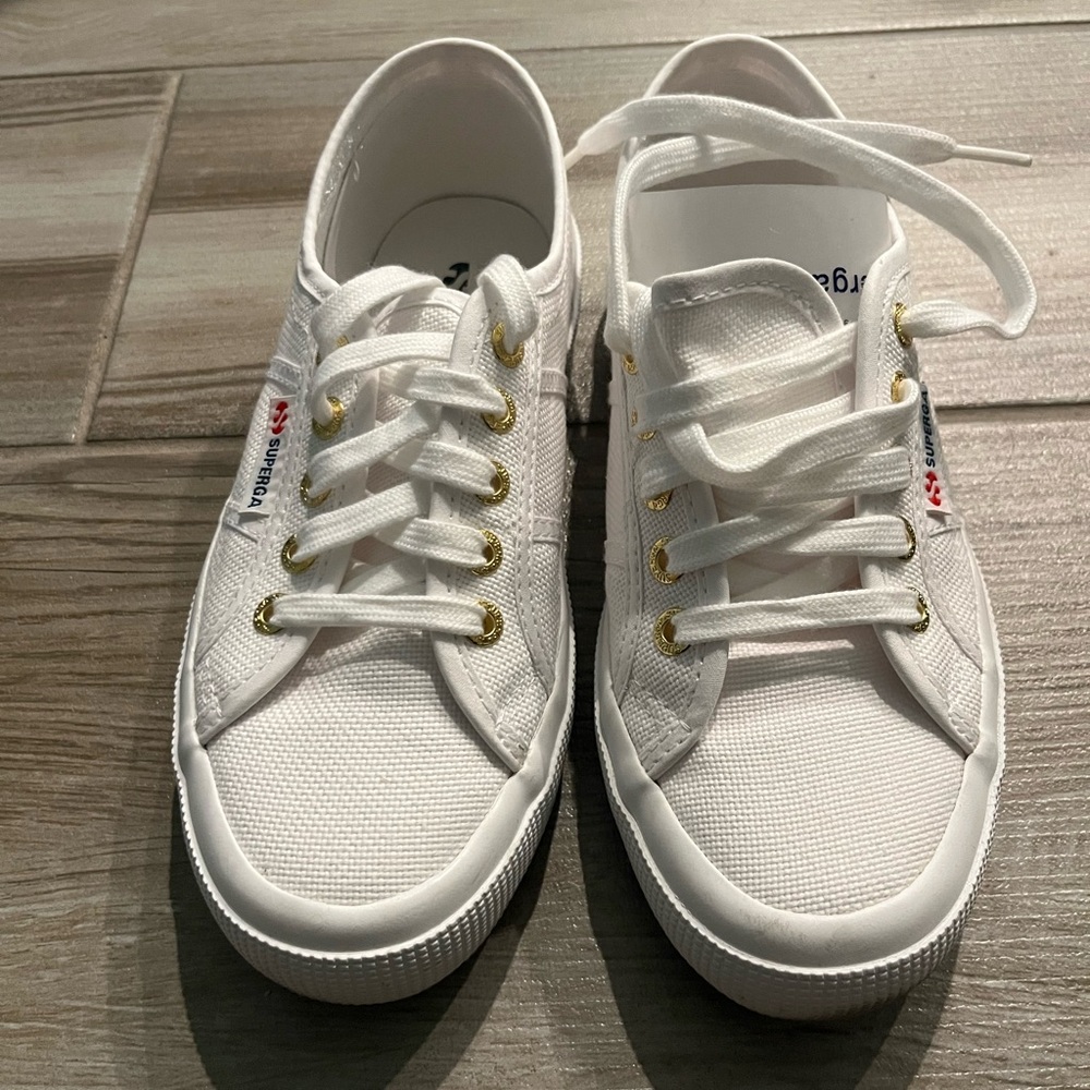 Superga White Canvas Sneakers with Gold Eyelets